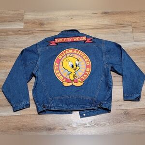 Vintage Tweety Bird Looney Tunes Denim Jacket Large Blue  Embroidered Retro